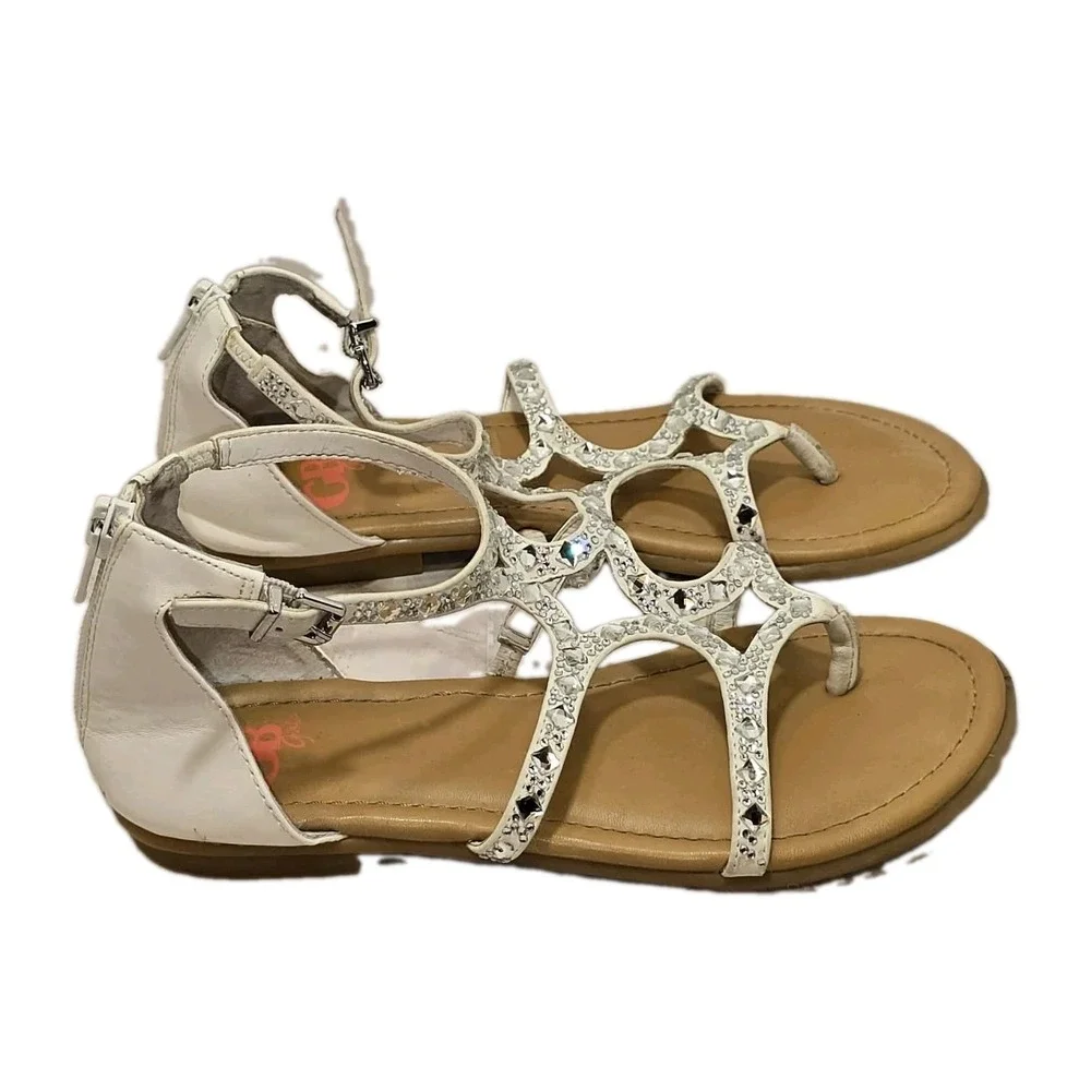 GB Girls Xephy White Rhinestone Gladiator Thong Sandals Sz 3 Back Zip GUC